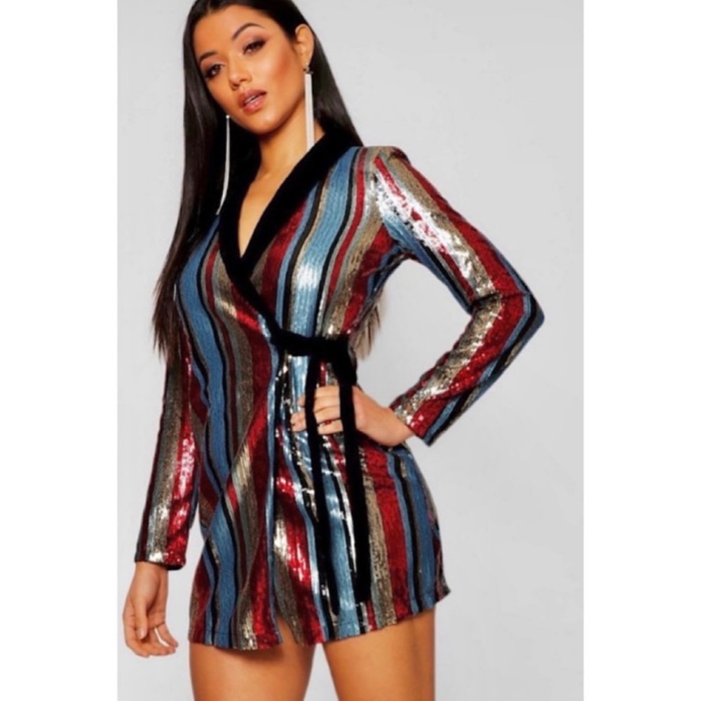 NWT Boohoo Sequin Stripe Wrap Dress with Velvet Collar